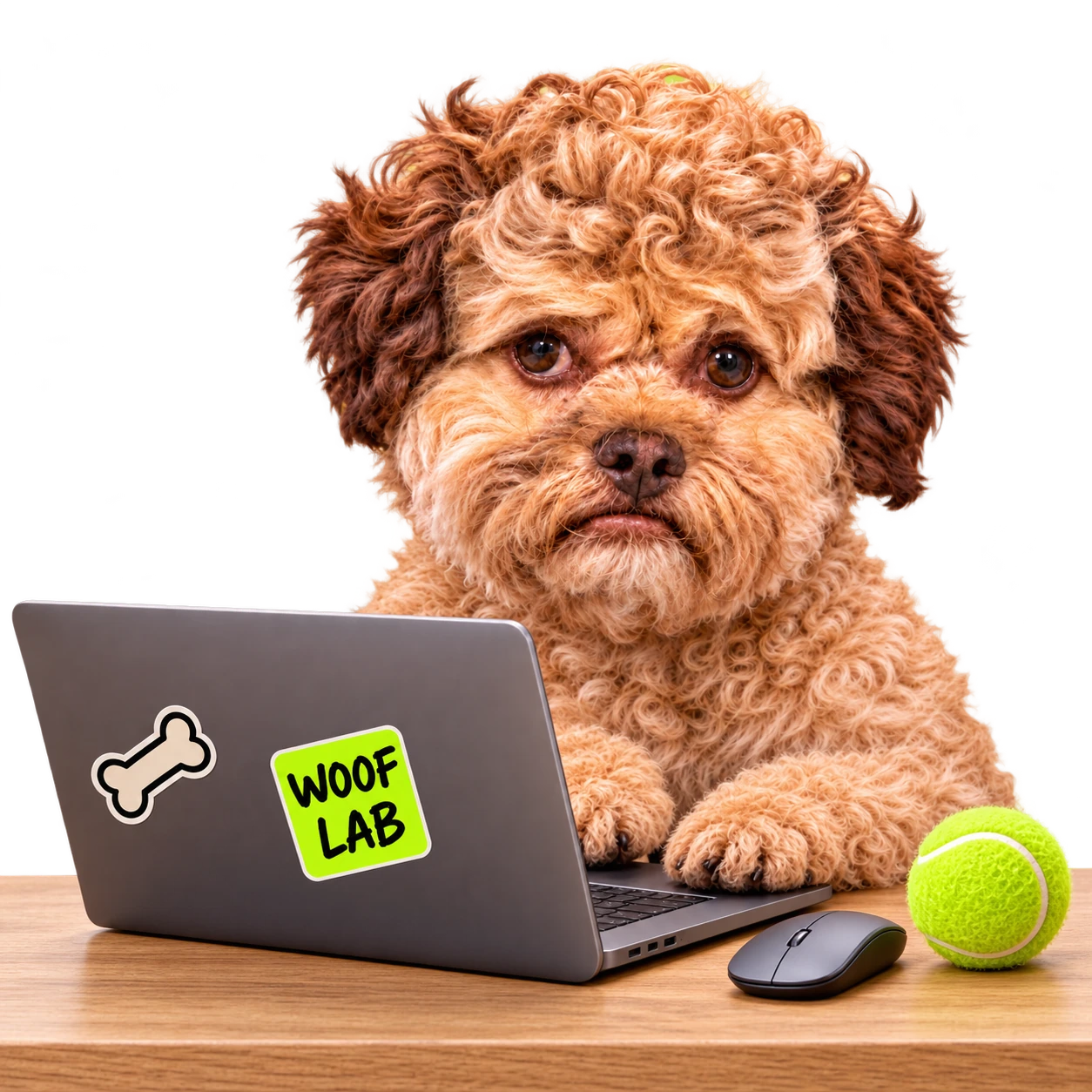 Byte, a curly tan dog, working at a WoofLab laptop with a tennis ball on the desk