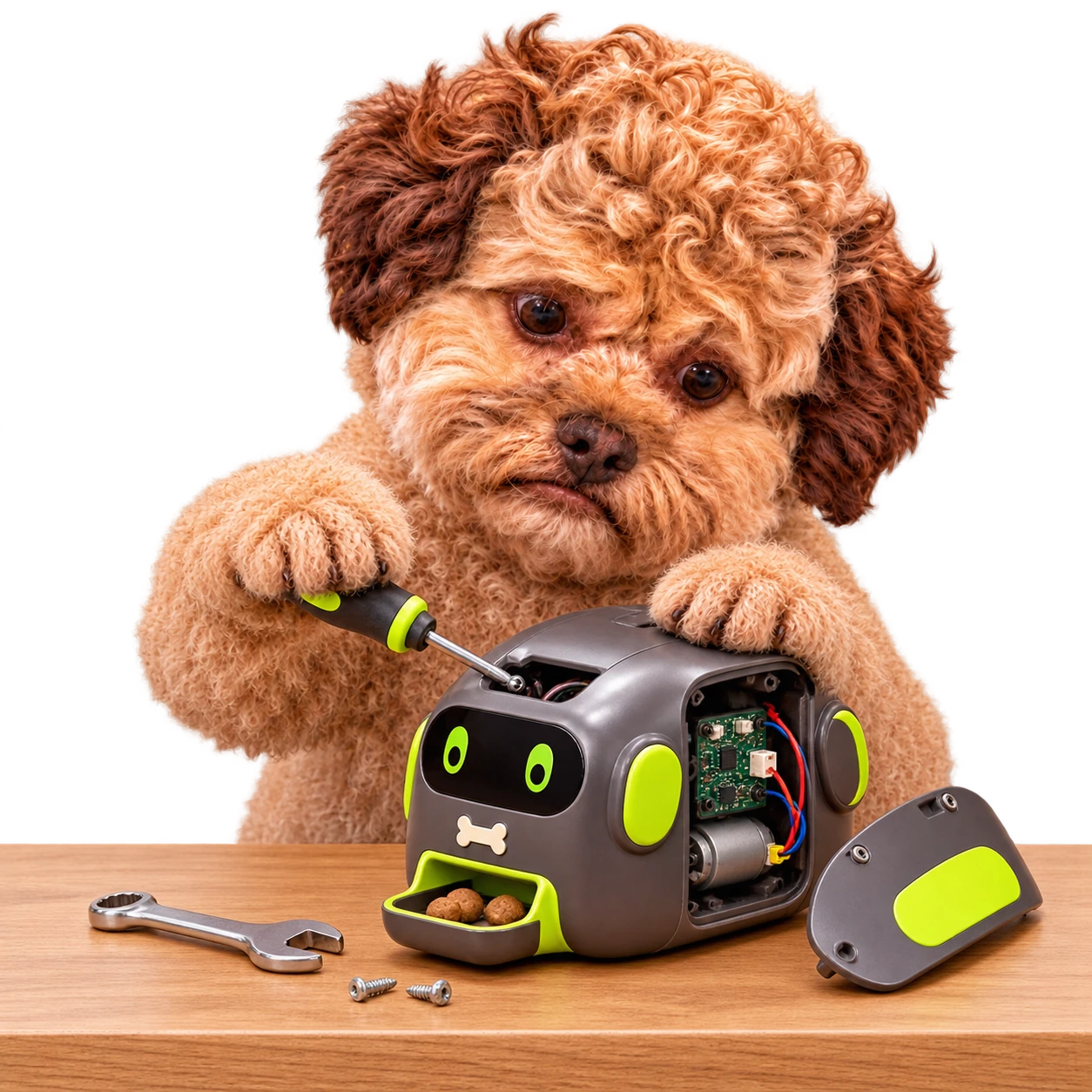 Byte carefully repairing a small green robot-shaped treat dispenser