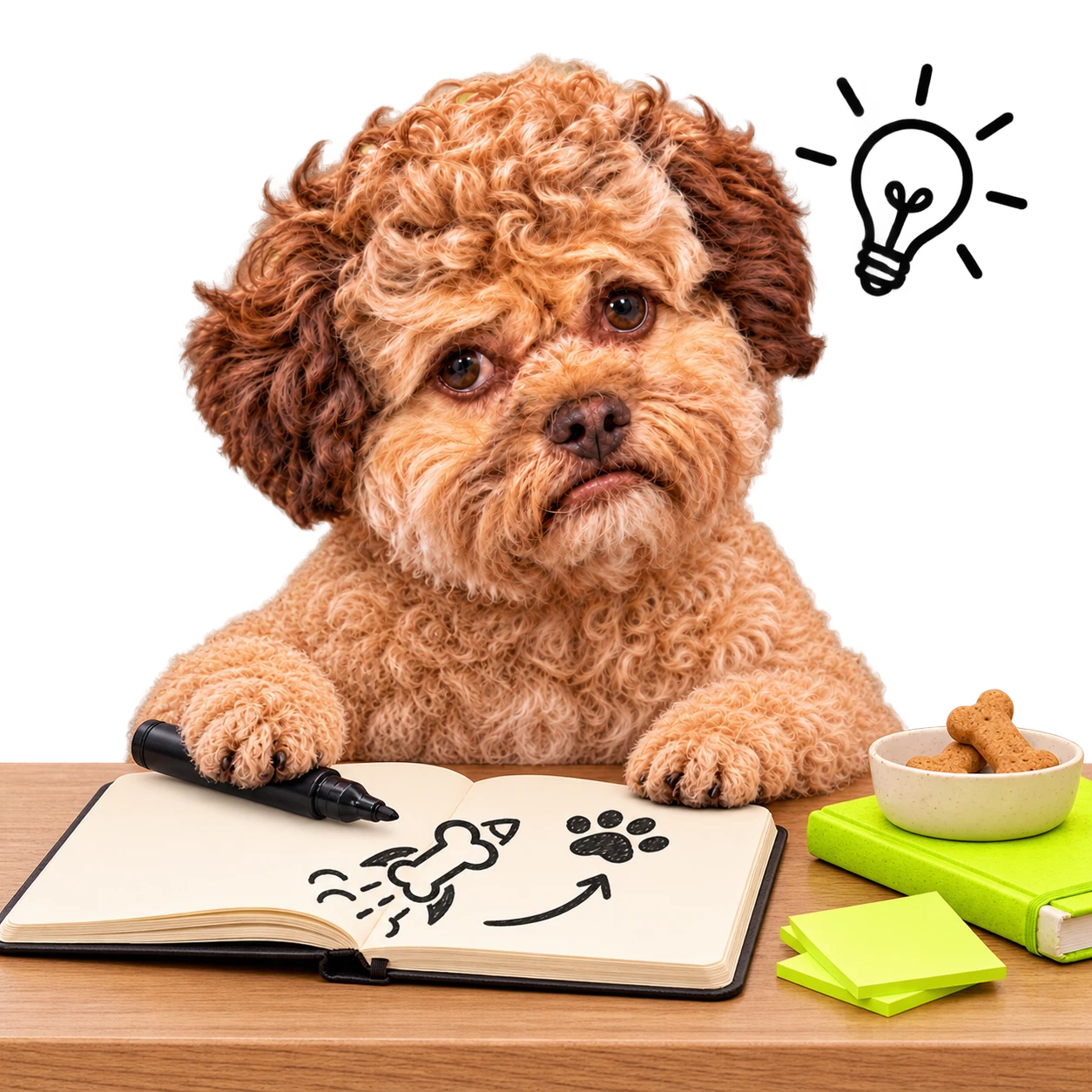 Byte sketching a bone-shaped rocket in a notebook beside dog treats